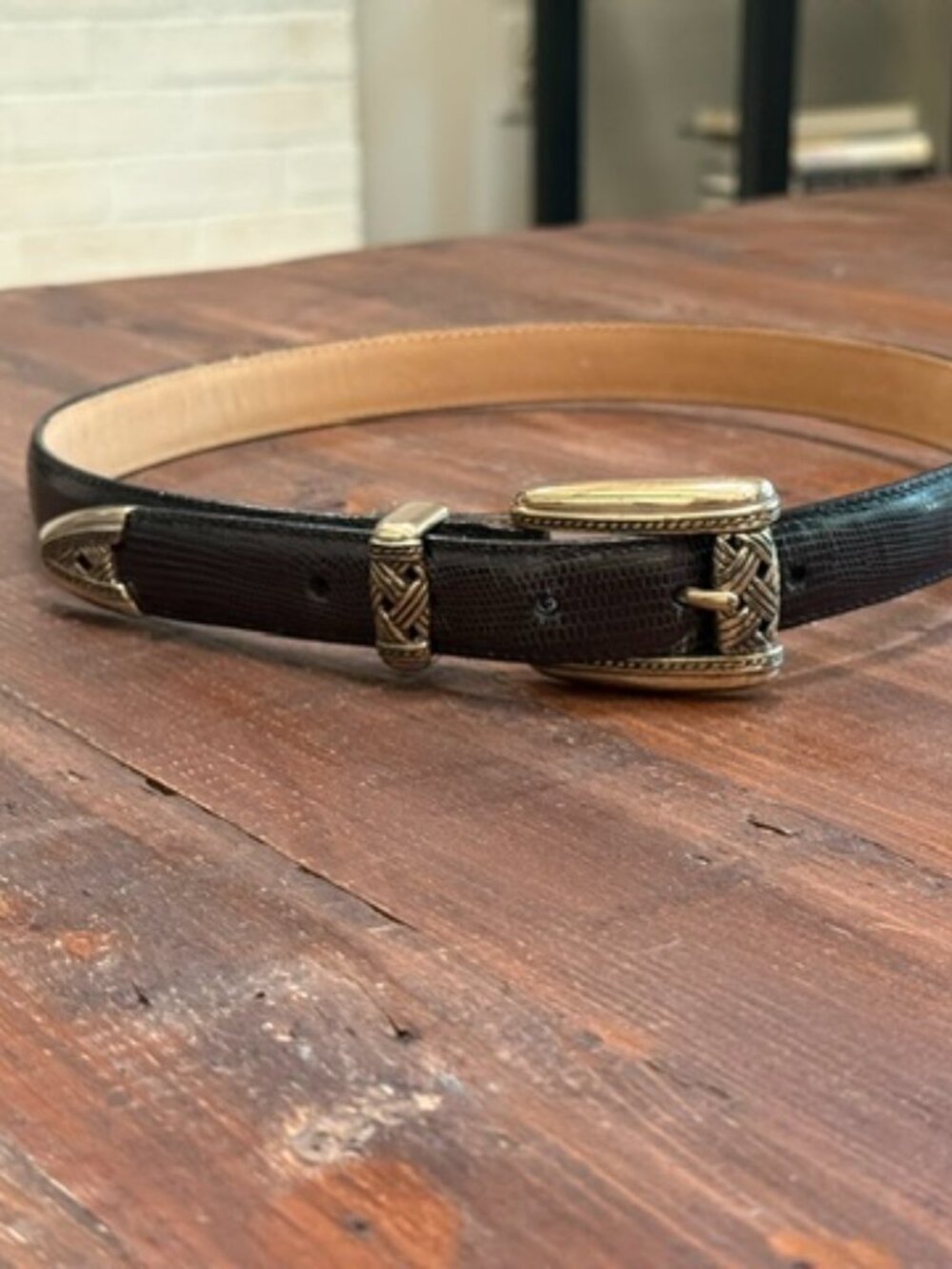 Brighton Belt, Black Leather Moc Lizardskin